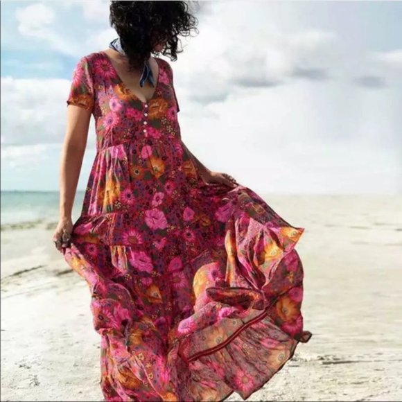 Dresses & Skirts - Babydoll Boho Floral Gypsy Print Maxi Dress Pink